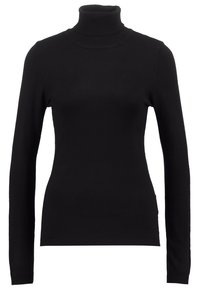 Czarny sweter z golfem, z długimi rękawami, wykonany z miękkiego materiału, z dopasowanym kołnierzem i gładką teksturą. Bez ozdób.