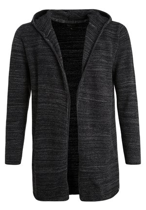 Cardigan de punto negro con capucha, de frente abierto, mangas largas, con un patrón texturizado en todo y un interior suave.