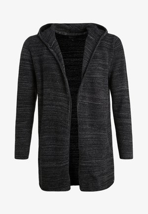 Black knit cardigan with a hood, open front, long sleeves, featuring a textured pattern throughout and a soft interior lining.