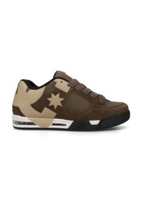 Brown suede and beige leather sneaker with perforated accents, a black rubber sole, and a white midsole featuring splatter patterns.
