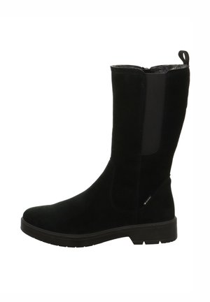 Schwarze Wildleder-Stiefel bis zum Knie mit seitlichen elastischen Einsätzen, einer strukturierten Gummisohle und einer Zuglasche an der Rückseite für einfaches An- und Ausziehen.