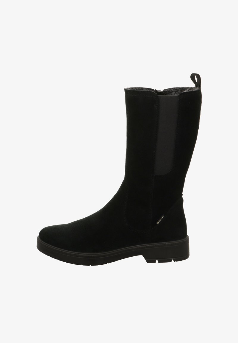 Zwarte suède kniehoge laars met elastische zijkanten, een gestructureerde rubberen zool en een trekband aan de achterkant voor makkelijk aantrekken.