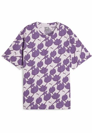 Kortærmet lilla og hvid T-shirt med et mønster af store lilla tulipanblomster og små Puma-logoer.