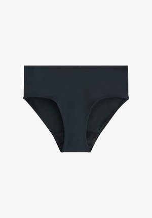 Zwarte naadloze high-waist slip met zigzagstiksels langs de randen en een glad, rekbaar materiaal.