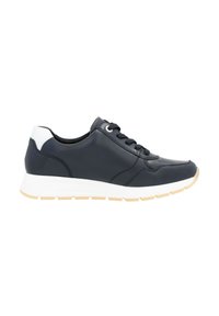 Marineblaue Leder Sneaker mit weißem Fersenbereich, runder Zehenpartie, Schnürung mit sechs Ösen und weißer Sohle mit strukturierten Akzenten.