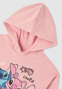 Felpa rosa con cappuccio regolabile, decorata con una grafica a fumetti di personaggi e un arcobaleno. Realizzata in morbido cotone.