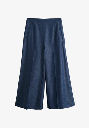 Tmavě modré džínové kalhoty s širokými nohavicemi, vysokým pasem a vertikálními švy, s předními bočními kapsami se štěrbinami.