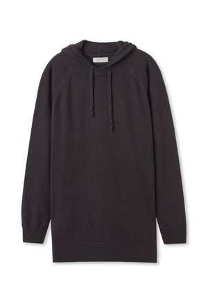 Mörkgrå hoodie i mjukt material, med dragsko i huvan, raglanärmar samt ribbad mudd vid ärmar och nederkant. Enkel, odekorerad design.