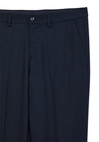 Pantaloni blu navy con un sottile motivo a scacchi, realizzati in tessuto intrecciato. Presentano una parte anteriore piatta, due tasche laterali e una chiusura con un solo bottone.