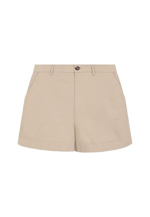Pantaloni corti beige realizzati in tessuto misto cotone, dotati di chiusura con un solo bottone, due tasche frontali e un orlo arrotolato con finitura pulita.