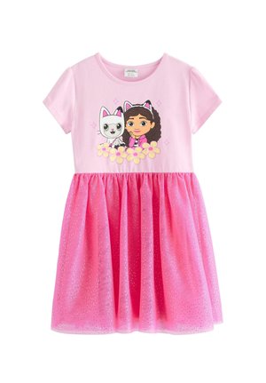 Pigekjole i pink med korte ærmer, glitrende mesh nederdel og tegneserieprint af pige og kat med katteører på overdelen.
