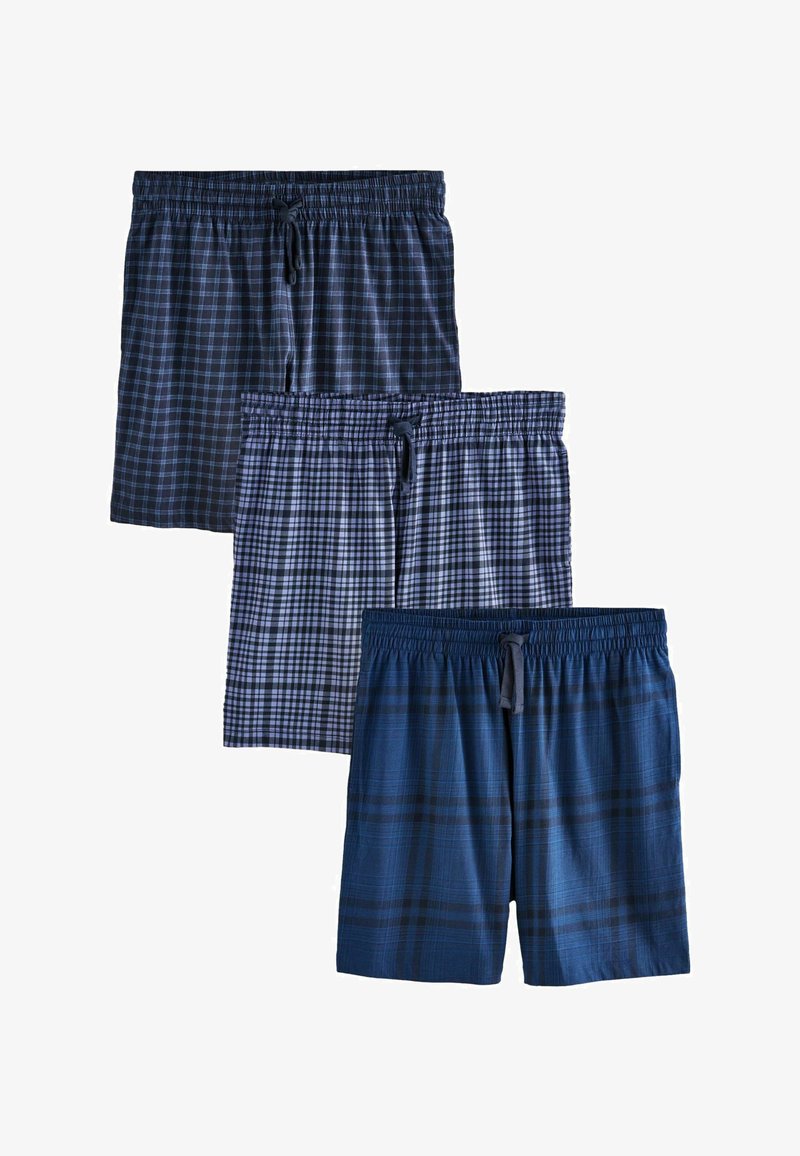 Trois paires de shorts à carreaux bleus avec taille élastique et cordons de serrage, disposées verticalement sur un fond blanc.