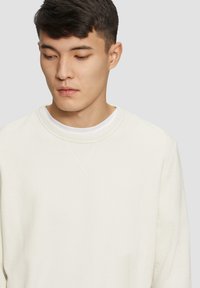 Helles beige Sweatshirt mit Rundhalsausschnitt, gefertigt aus strukturiertem Stoff, mit einem gerippten Kragen und subtilen Stichdetails. Lässiger Schnitt.