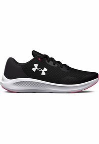 Chaussure de sport noire avec tige en mesh, accents roses, col rembourré et semelle intermédiaire blanche. Motif de semelle sur la semelle extérieure pour une meilleure adhérence.