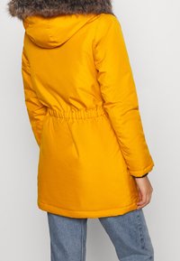 Personne portant un manteau d'hiver jaune à capuche avec bordure en fourrure et un jean bleu clair, debout devant un fond clair uni, vue de dos.