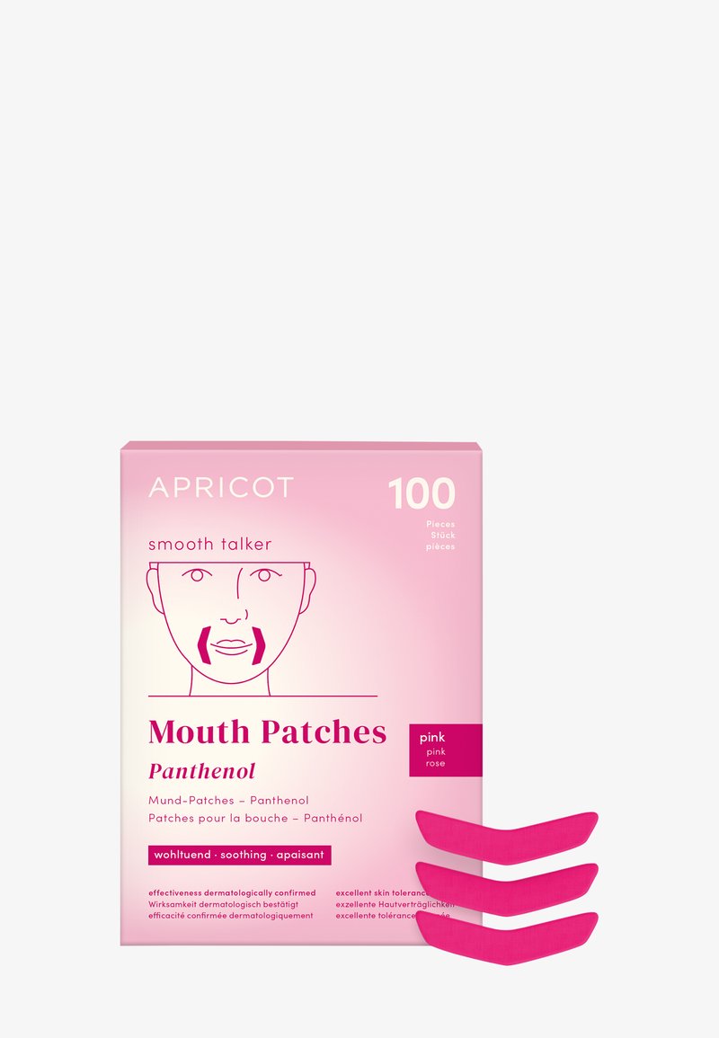 Emballage rose pour les Patchs de Bouche à l'Abricot, avec un design minimaliste et une illustration de visage graphique. Trois patchs présentés à l'avant.