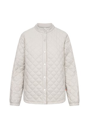 Hellbeige gesteppte Jacke mit Druckknöpfen, rundem Kragen, langen Ärmeln und elastischen Bündchen, auf weißem Hintergrund dargestellt.