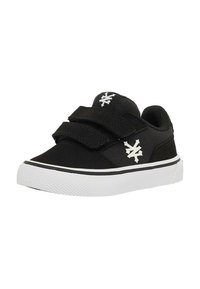 Black children's sneaker with double velcro straps, white logo on side and tongue, and white rubber sole with textured toe cap.