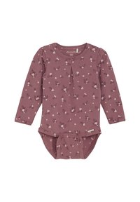 Långärmad babykroppströja i mauve med blommönster och bladmotiv. Mjukt bomullstyg, rund halsringning, veckdetalj och tryckknappar i botten.
