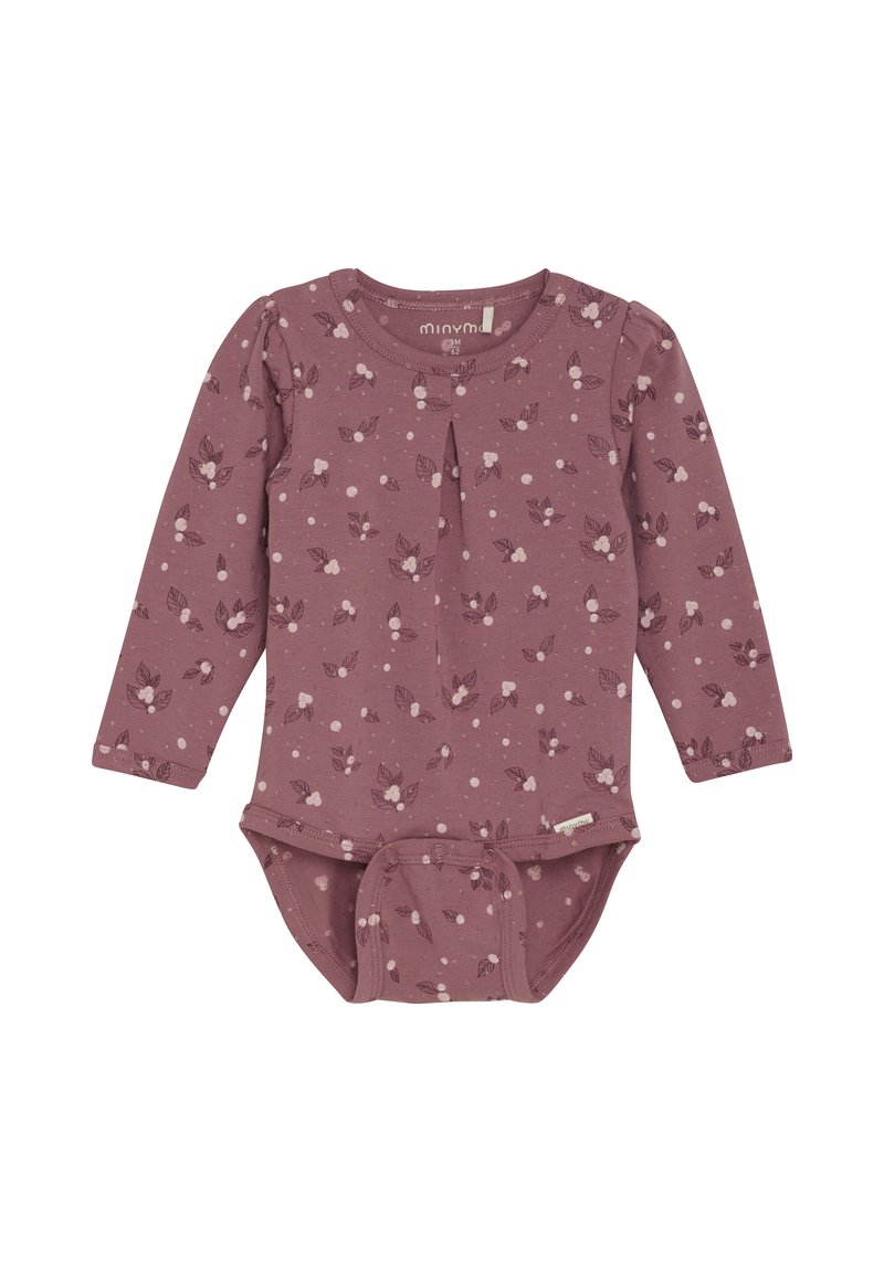 Långärmad babykroppströja i mauve med blommönster och bladmotiv. Mjukt bomullstyg, rund halsringning, veckdetalj och tryckknappar i botten.