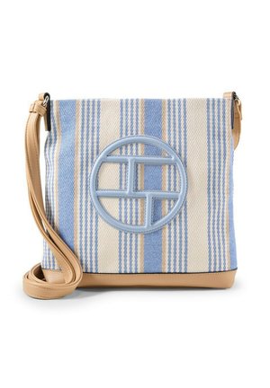 Torebka typu crossbody z pionowymi niebieskimi i beżowymi paskami, beżowym skórzanym paskiem, niebieskim okrągłym emblematem i beżową skórzaną podstawą.