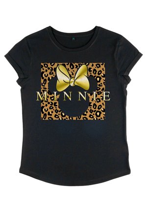 Maglietta nera con una cornice a stampa leopardata, un grande fiocco giallo e la parola "MINNIE" in lettere dorate al centro.