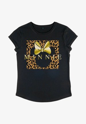 Schwarzes T-Shirt mit einem Leopardenmuster-Rahmen, einem großen gelben Schleifen und dem Wort "MINNIE" in goldenen Buchstaben in der Mitte.