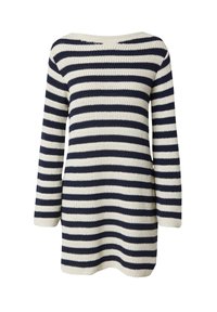 Gestreiftes Strickkleid mit lockerer Passform, das marineblaue und cremfarbene horizontale Streifen aufweist, einen weiten Ausschnitt hat und lange Ärmel aus Strickmaterial besitzt.