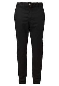 Mustat räätälöidyt housut, jotka on valmistettu sileästä kankaasta. Niissä on suora lahjemuotoilu, vyölenkit ja yksi etunappisuljenta.