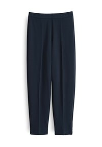 Pantalon navy en tissu lisse, à taille haute, avec des plis et jambes fuselées. Sans matériel ni motifs visibles.