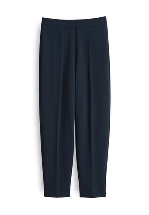 Pantaloni blu con un tessuto liscio, caratterizzati da vita alta, pieghe e gambe affusolate. Senza hardware visibile o motivi.