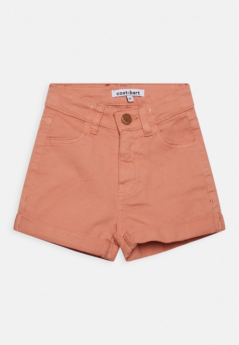 Calções de ganga cor pêssego com bainha dobrada, apresentando um fecho frontal por botão e um design de cinco bolsos. O tecido tem uma textura suave.