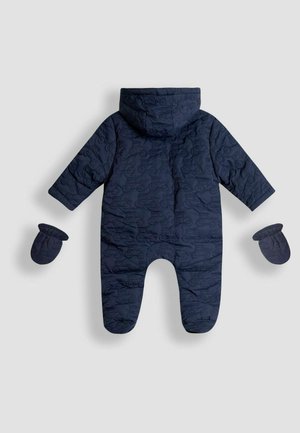 Navy blue quilted snowsuit with a hood, featuring a textured pattern and matching mittens. Soft fabric, designed for warmth and comfort.