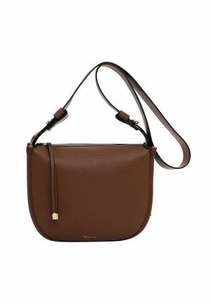 Braune Lederhandtasche mit kurviger Form, Reißverschluss und verstellbarem Riemen. Sie verfügt über eine strukturierte Oberfläche und Akzente aus goldfarbenem Metall.