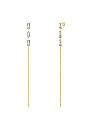 Pendientes colgantes en tono dorado con tres cristales rectangulares transparentes, que presentan un diseño de cadena fina para una silueta elegante.
