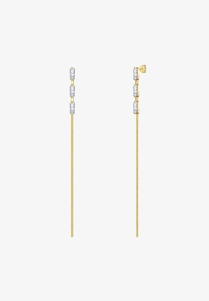 Goldfarbene Ohrhänger mit drei rechteckigen klaren Kristallen, die ein feines Kettendesign für eine elegante Silhouette aufweisen.