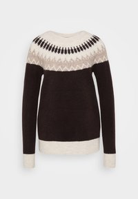 Strikkegenser med rund bærestykke design i beige, svart og krem. Mørkebrun kropp med ribbestrikkede kremfargede mansjetter og nederkant.