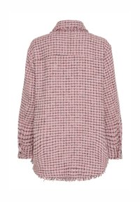 Roza in siva šahovnica srajca iz teksturirane tkanine. Ima ovratnik in strgano robno obdelavo ter dolge rokave. Prikazan je zadnji pogled.