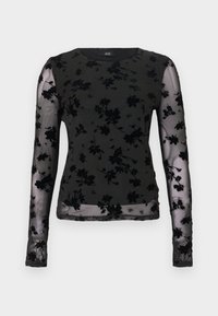 Μαύρο τοπ με μακριά μανίκια από διάφανο ύφασμα, με floral σχέδιο. Υφασμάτινες μαύρες λεπτομέρειες με υφή στα μανίκια και στη λαιμόκοψη.