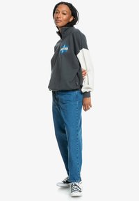 Gray and white fleece pullover with half zipper and blue graphic design. Paired with blue jeans and black and white sneakers.