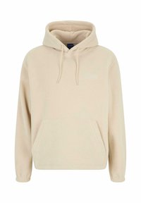 Beige fleecetrui met een voorzak, verstelbare trekkoordcapuchon en geribde manchetten. Heeft een klein reliëflogo op de borst.