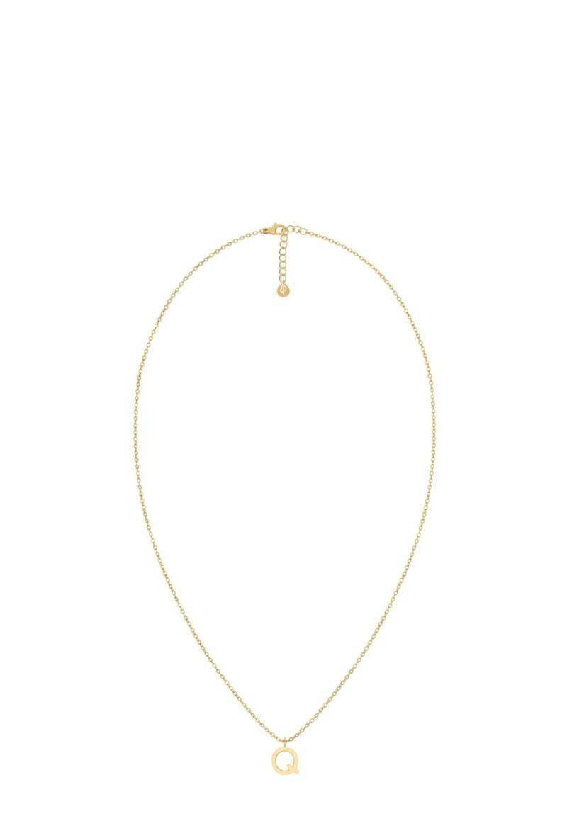 Złoty naszyjnik z łańcuszkiem, na którym znajduje się okrąły wisiorek z literą "Q". Łańcuszek ma delikatną, cienką fakturę i regulowany zapięcie.