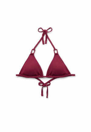 Haut de bikini triangle bourgogne en tissu texturé, avec des liens ajustables au cou et dans le dos, et des accents en métal carré sur les bretelles.
