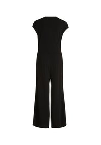 Zwarte jumpsuit met korte mouwen, brede pijpen en een gladde stof. Kenmerkt zich door een ronde halslijn en een getailleerde taille voor een slank uiterlijk.