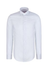 Hellblaues Langarmhemd mit geometrischem Muster, Button-Down-Kragen und abgerundetem Saum, hergestellt aus leichtem Stoff.