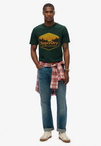 Groen T-shirt met korte mouwen en een oranje bergafbeelding. Gekocht met lichtblauwe rechte jeans en een rood geruit shirt geknoopt om de taille.