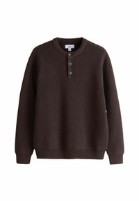 Brown ribbed sweater with a round neckline and three-button placket. Features long sleeves and a knitted texture.