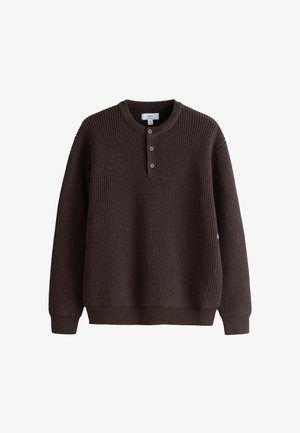 Brauner, gerippter Pullover mit rundem Halsausschnitt und einer Dreiknopf-Leiste. Verfügt über lange Ärmel und eine gestrickte Textur.