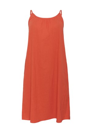 Brezrokaven, ohlapen madrac v enotni oranžni barvi. Narejen iz mehkega, lahkega materiala z nabranim ovratnikom in nastavljivimi naramnicami.