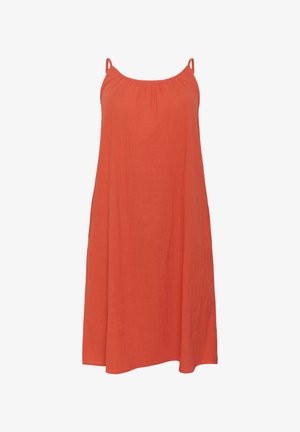 Mouwenloos, losvallend jurkje in een effen oranje tint. Gemaakt van zachte, lichte stof met een geplooide halslijn en verstelbare bandjes.